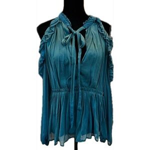 NWT Free People Blue/Green Ruffled Cold Shoulder Top